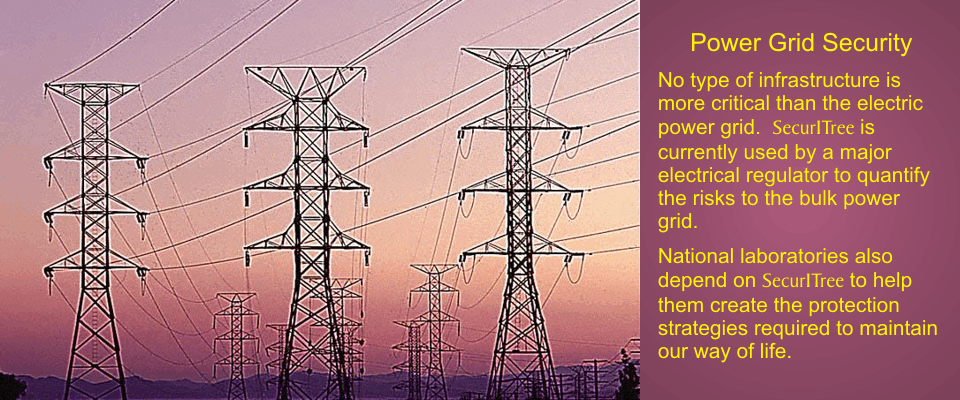 Power Grid Security: No type of infrastructure is more critical than the electric power grid.
SecurITree is currently used by a major electrical regulator to quantify the risks to the bulk power
grid.  National laboratories also depend on SecurITree to help them create the protection stategies
required to maintain our way of life.